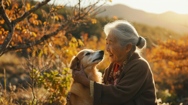 遊犬と飼い主は自然の外で遊びます