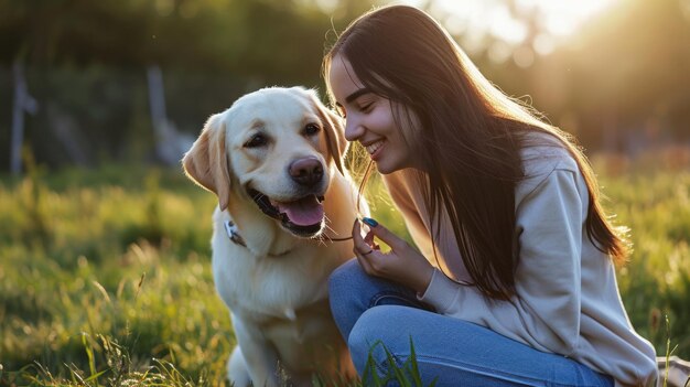 遊犬と飼い主は自然の外で遊びます