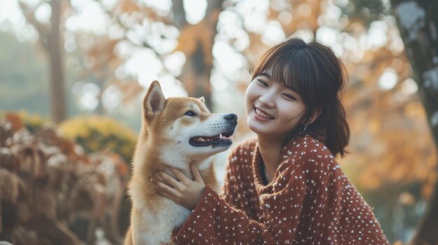 遊犬と飼い主は自然の外で遊びます