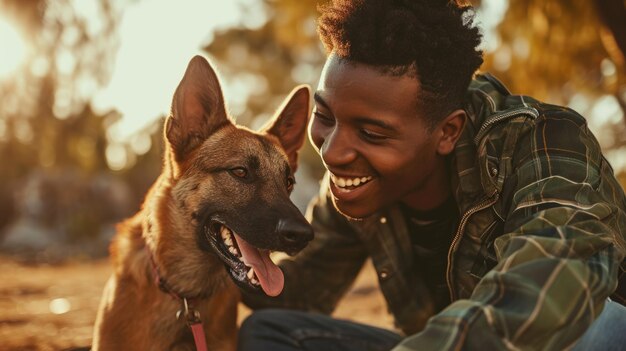 Photo playful dog and its owner in nature outdoor pragma