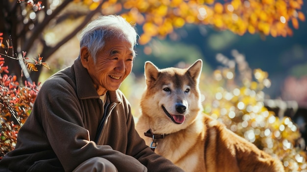 놀이하는 개와 그 주인이 자연에서 야외 프라그마