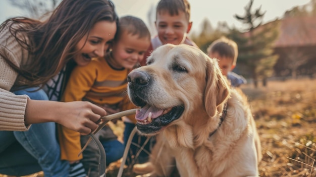 Cane giocoso e il suo proprietario in natura pragma all'aperto