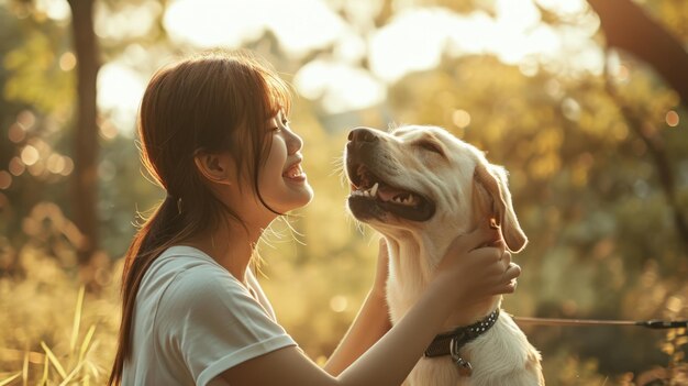 놀이하는 개와 그 주인이 자연에서 야외 프라그마