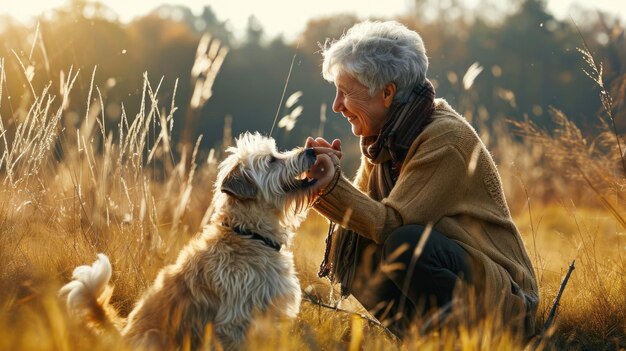 Playful dog and its owner in nature outdoor pragma