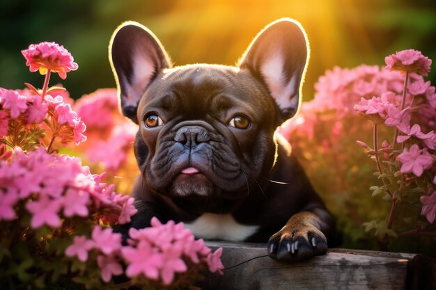 Playful dog Puppy Exploring a Field of Flowers Generative AI