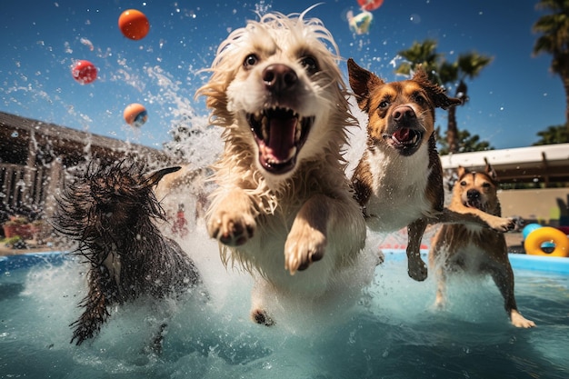Фото Игривые собаки производят фурор в бассейне генеративный искусственный интеллект