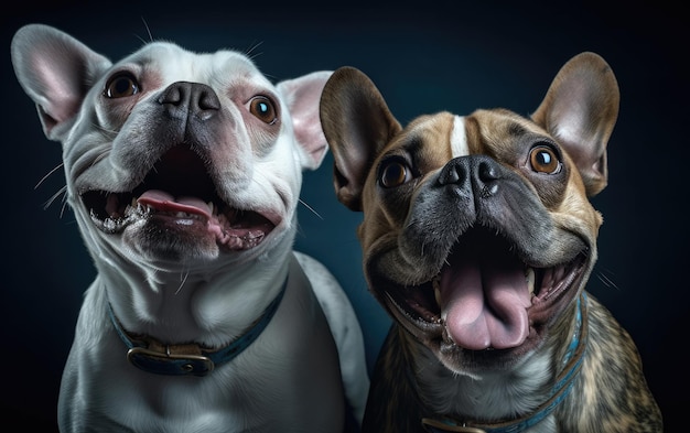 Playful Dogs with Open Mouths on Dark Blue Background