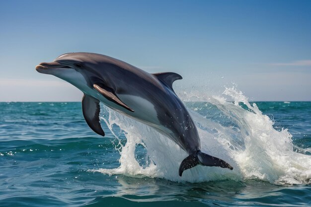 Playful dolphin leaping from sea waves