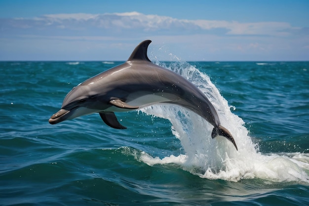 Playful dolphin leaping from sea waves