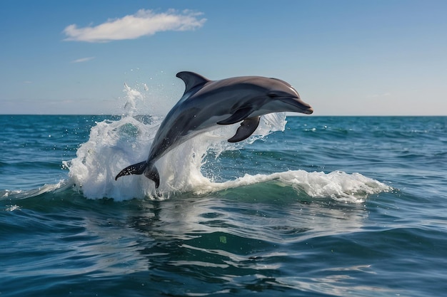 Playful dolphin leaping from sea waves