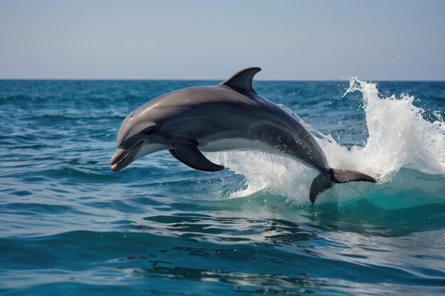Playful dolphin leaping from sea waves