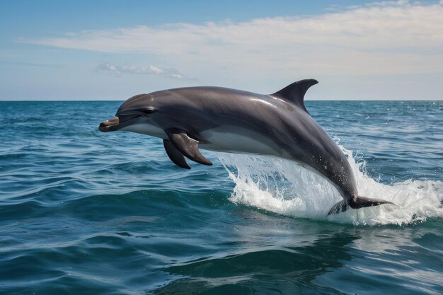 Playful dolphin leaping from sea waves