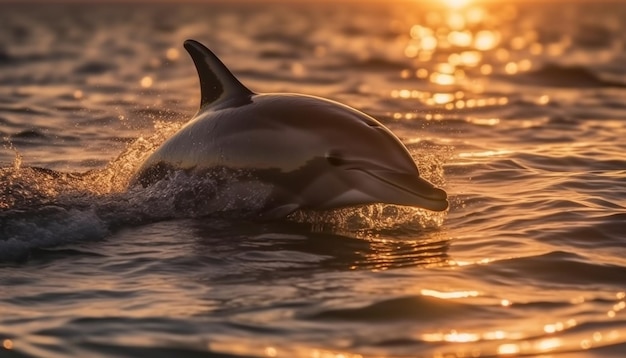 A playful dolphin splashing in the blue sea at sunset generated by AI