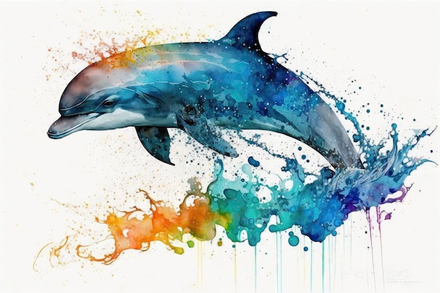 Playful Dolphin Swimming in Colorful Watercolors