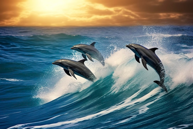 Playful dolphins jumping over breaking waves hawaii pacific ocean wildlife scenery