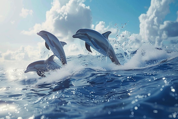 Playful dolphins jumping in the sparkling waves of