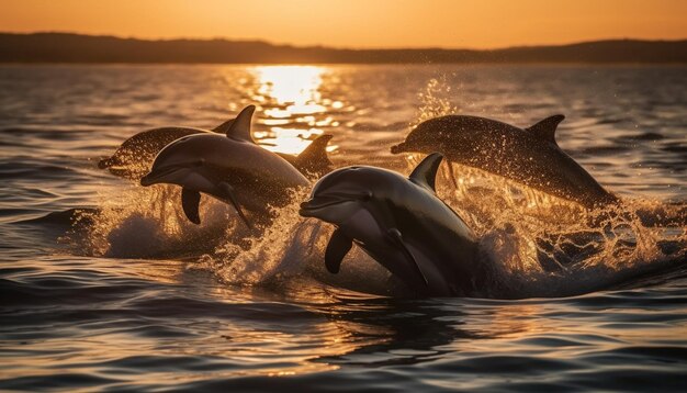 Playful dolphins jumping in the sunset sea generated by AI