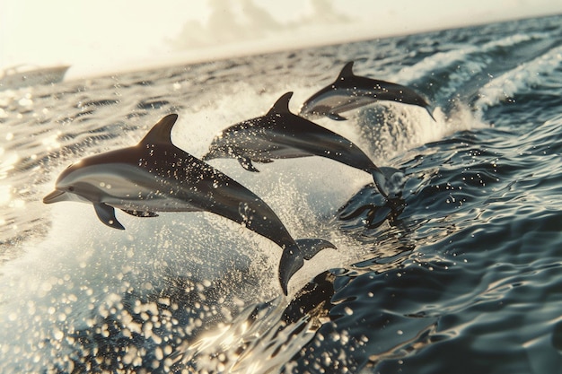 Photo playful dolphins jumping in the wake of a boat oct