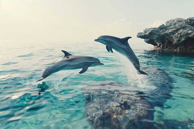 Играющие дельфины прыгают в кристально чистой воде.