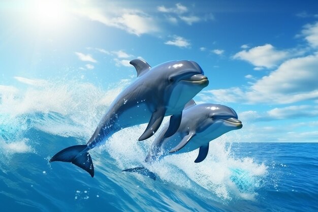 Playful dolphins leaping through vibrant blue ocea 00556 00