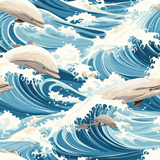 Photo playful dolphins riding the ocean waves