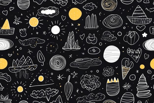 트렌디 한 어린이 디자인 을 위한 장난스러운 Doodle Joy Black Line Seamless Pattern