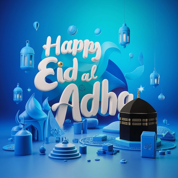 Photo playful eid aladha typography with 3d blue mosque