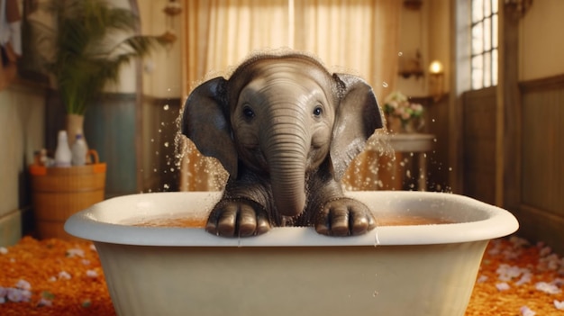 Playful elephant enjoying a bath in a bathtub