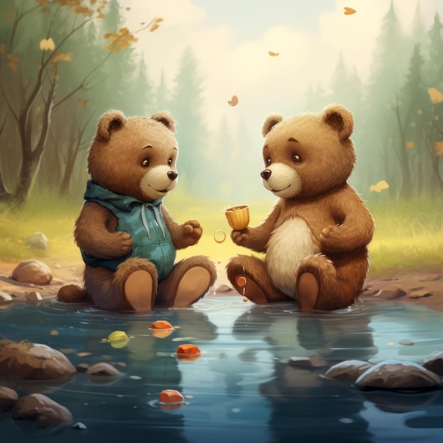 Иллюстрация двух очаровательных плюшевых медведей, играющих друг с другом