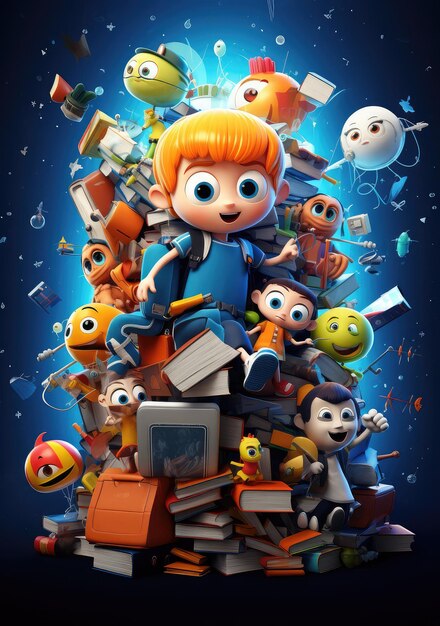 Playful and Energetic 3D Character Poster Celebrating the Excitement of Returning to Class with Friends