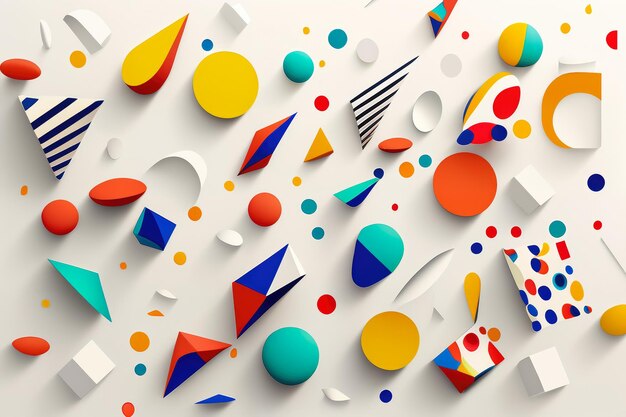 Playful and energetic pattern of shapes in bright colors dances across a white background