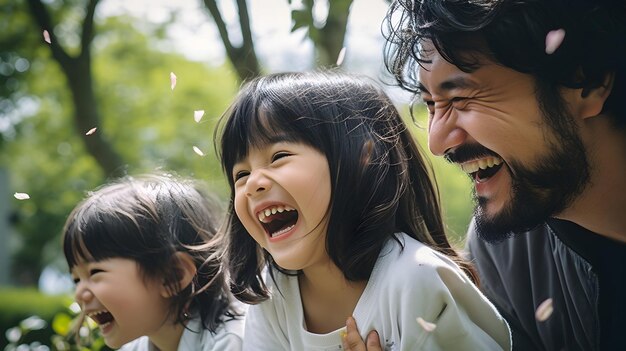 写真 公園での遊び心のある家族の日本当の笑顔を捕まえる