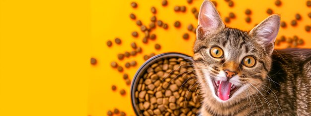 A playful felidae with whiskers near a bowl of tasty food copy space