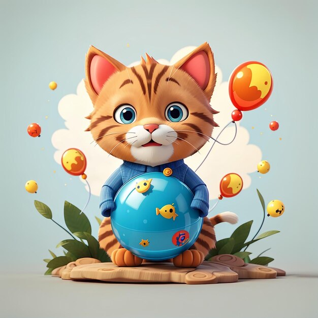 Playful Feline Cartoon Cat Enjoying Fish Balloon Fun