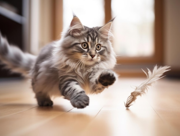 Foto felino giocoso che salta in aria alla ricerca di un giocattolo di piume