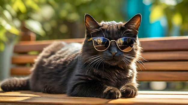 A playful feline in sunglasses enjoys a beach vacation