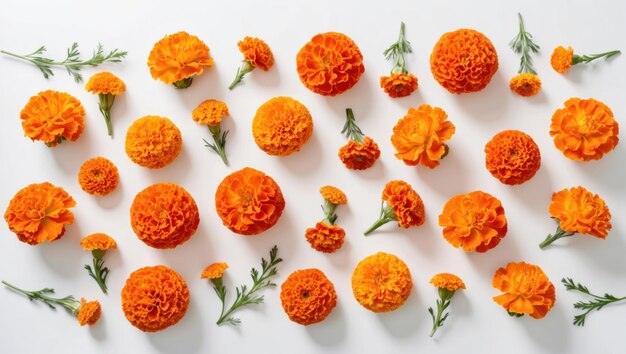 Photo playful flat lay of vibrant orange marigolds with fresh greenery