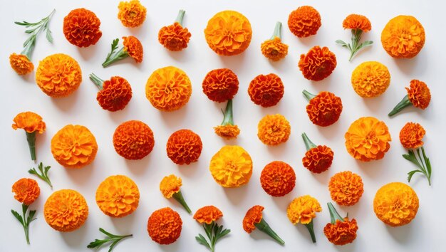 Photo playful flat lay of vibrant orange marigolds with fresh greenery