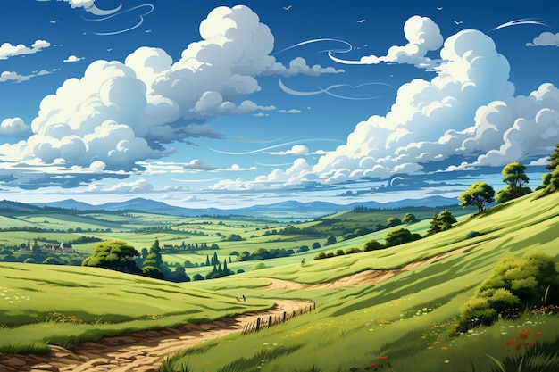 Игривая картина в плоском стиле, зеленая трава, холмистая местность, голубое небо с облаками
