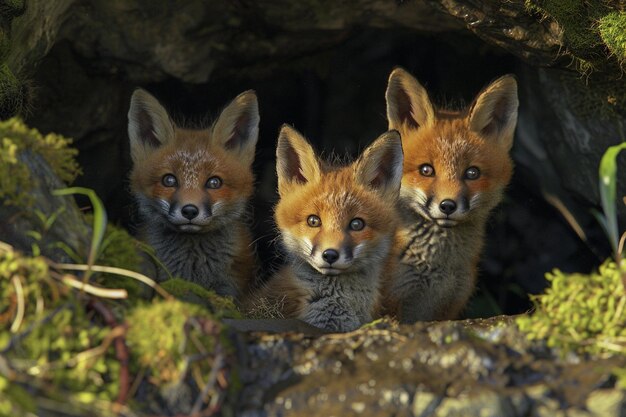 Foto piccoli volpi giocosi che esplorano la loro tana