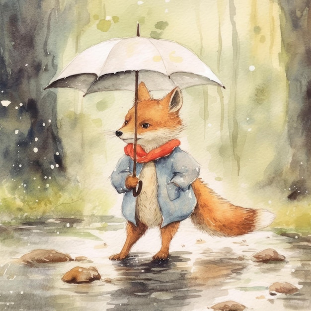 Playful Fox in the Rainy Woods AI Generated