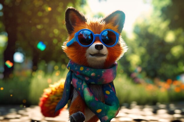 A playful fox wearing a colorful bandana and sunglasses chasing after bubbles in a park while looking adorable