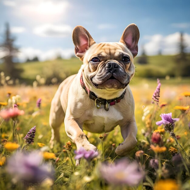 A playful French Bulldog romping through a sunlit meadow vibrant wildflowers in bloom