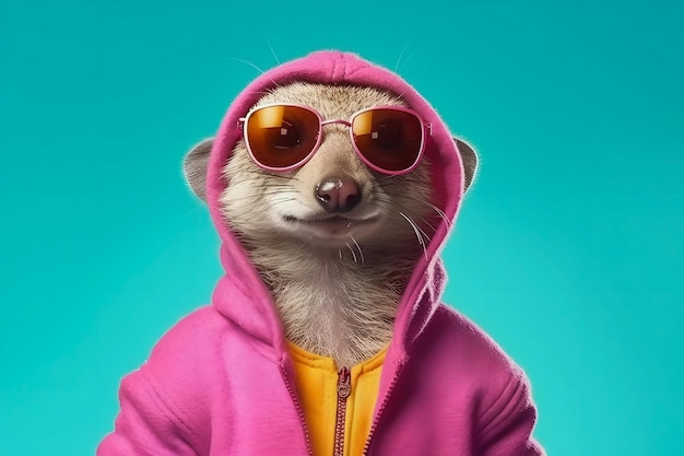 Photo playful funny mongoose in clothes wearing a pink hoodie and sunglasses generated ai