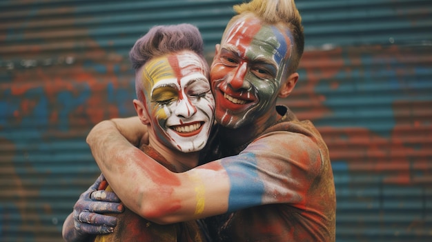 Playful gay couple in rainbow colors