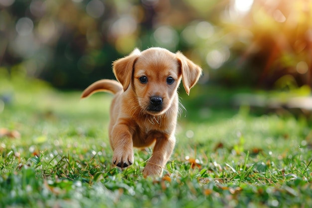 赤いラブラドール犬の子犬が尾を振り回し無限のエネルギーを持って活気のある緑の畑を喜びながら走っています