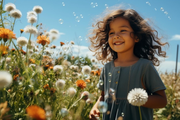 playful girl blowing soap bubbles in a stunning meadow of flowers beneath the bright blue sky