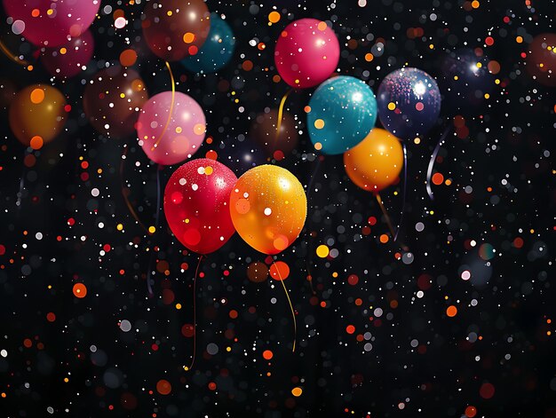 Игральный светящийся воздушный дождь с красочными воздушными шарами и многоцветным светящимся Y2K коллажным неоновым фоном