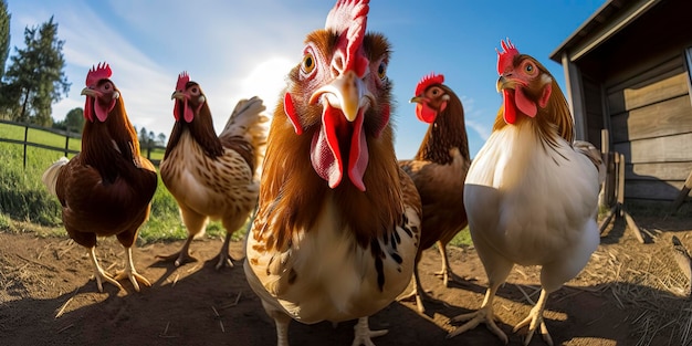 Playful GoPro snapshot of chickens enjoying the sunshine on a farm Generative AI