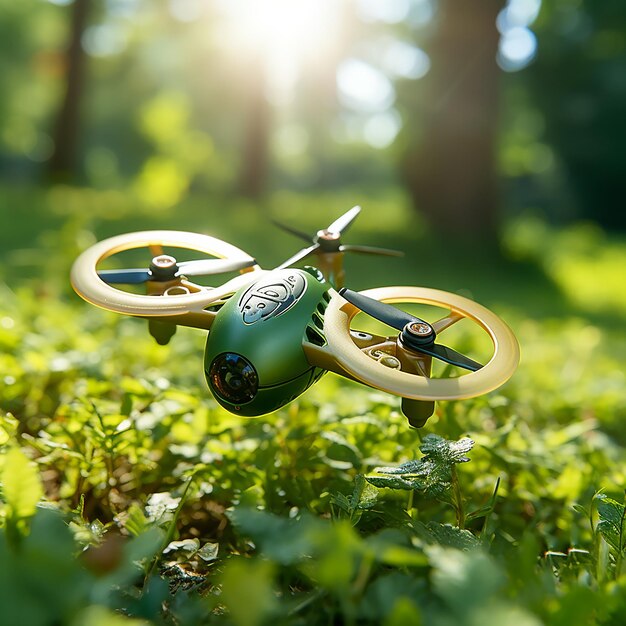 Playful green propeller toy soaring in the great outdoors